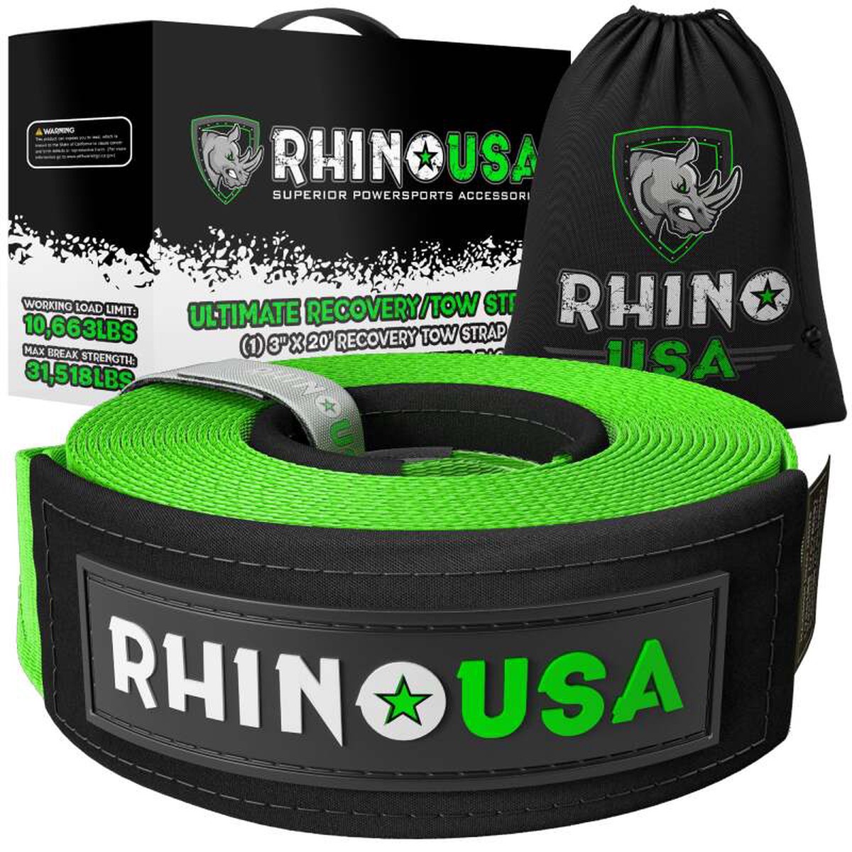 Rhino USA Recovery Tow Strap 3Inx30Ft (Green)