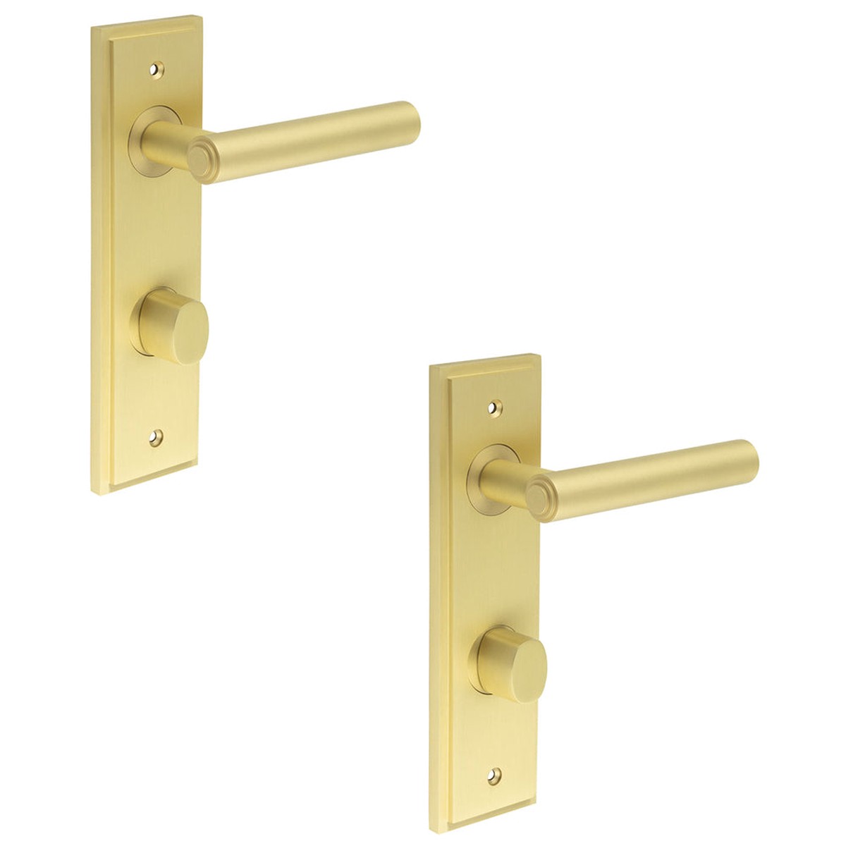 2 PACK Satin Brass Bathroom Door Handle with Turn Release and Backplate - Solid Brass Interior Lever