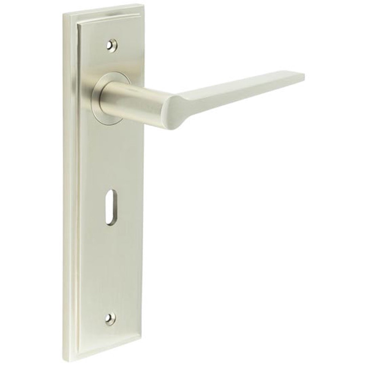 Satin Nickel Door Handle Lock Backplate - Modern Brass Lever Design - Solid Brass Interior Handle